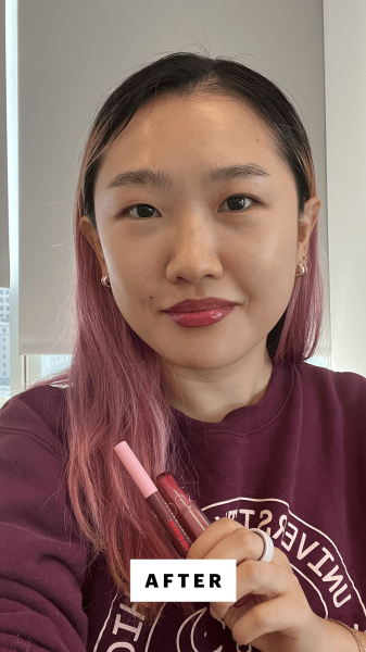 A selfie of Allure commerce editor Sarah Han after applying Nyx Professional Makeup Lip Lingerie Lip Liner Stain and...
